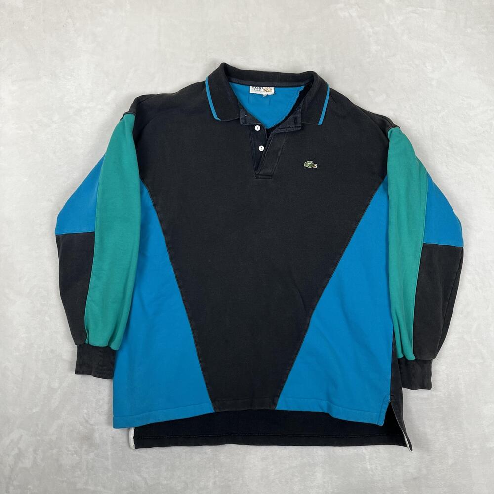 Vintage Lacoste IZOD Club Polo Shirt Mens XL Black Blue Colorblock Long Sleeve